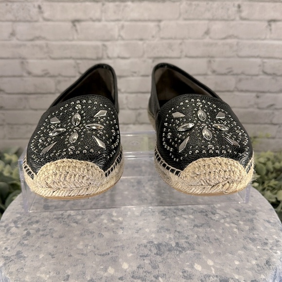 Brighton “Jett” Black Leather Silver Stud Espadrille Slip-on Flats WMS 7M🖤EUC - Picture 2 of 8